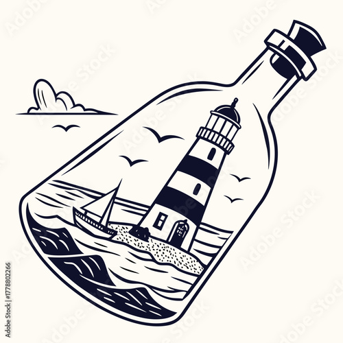 A lighthouse and sailboat inside a glass bottle