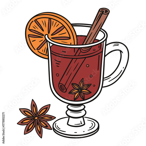 A glass of mulled wine with orange and cinnamon