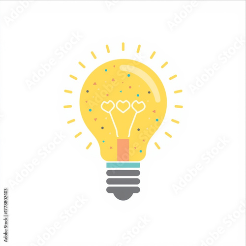 Yellow Lightbulb Icon with Heart-Shaped Filament and Soft Decorative Confetti Elements