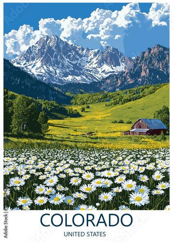 Colorado vector illustration, stylized vintage poster depicting a sprawling field of white daisies overlooking green valleys and majestic snow-covered mountains.