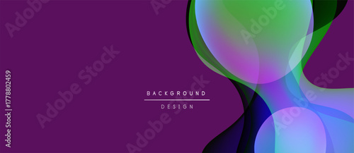 Abstract fluid shapes overlap, creating vibrant color gradients. Purple background contrasts with green, blue hues. Modern design element.