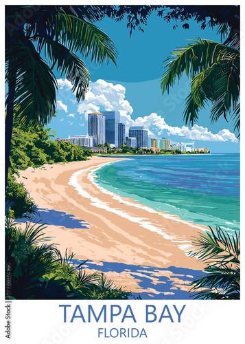 Tampa Bay, Florida vector illustration, stylized vintage poster of a serene tropical beach framed by palm leaves, facing a modern city skyline across the turquoise ocean.