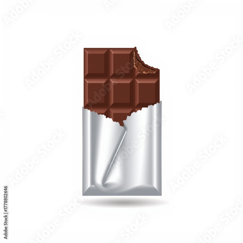 Realistic Bitten Chocolate Bar with Silver Wrapper on White Background
