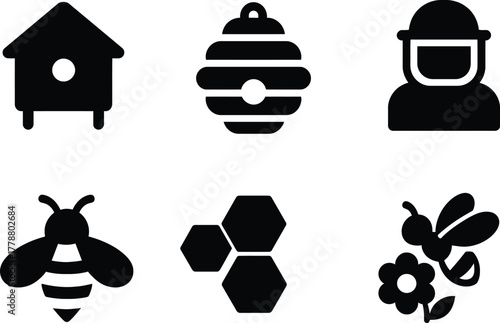 "Beekeeping and Bee Icon Set – Silhouettes of Hive, Beekeeper, Bee, Honeycomb, and Pollination Symbols for Agriculture, Ecology, and Nature Projects"