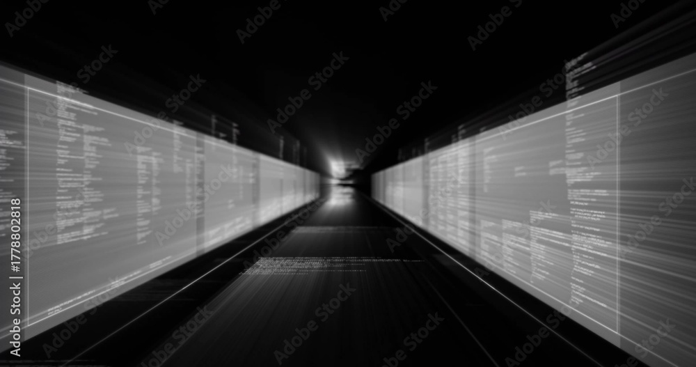 Obraz premium Displaying data tunnel converging on bright center, translucent panels streaming code, light beams