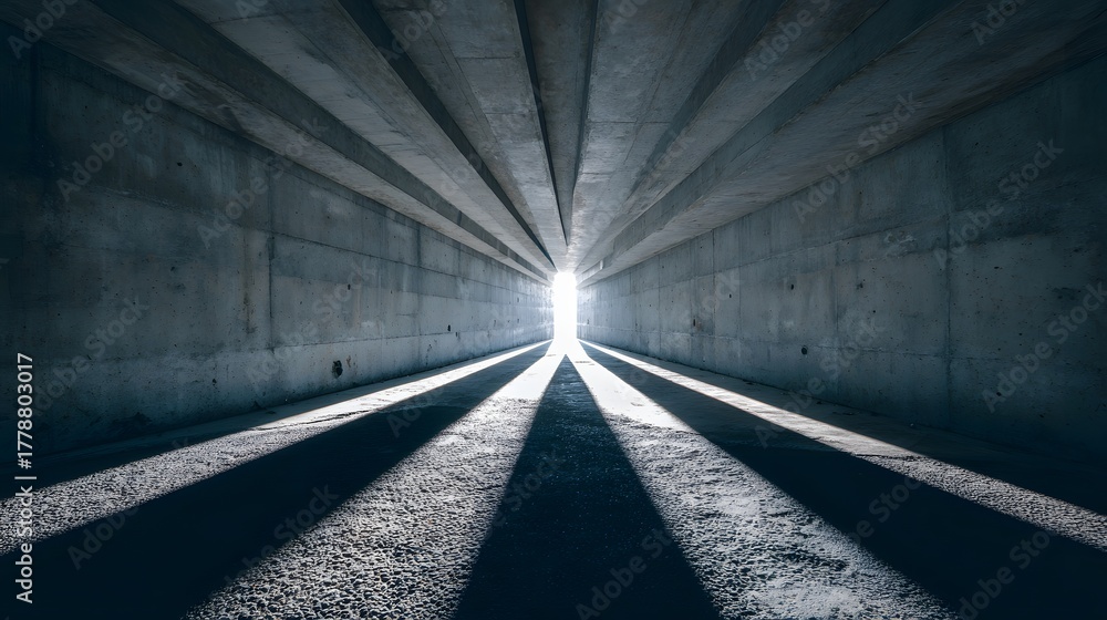 Fototapeta premium Strong directional light streams through a concrete tunnel creating dramatic, elongated shadows on the ground