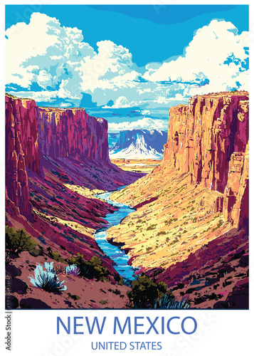 New Mexico travel poster vector illustration of a dramatic canyon landscape with a blue river running between towering rock walls.