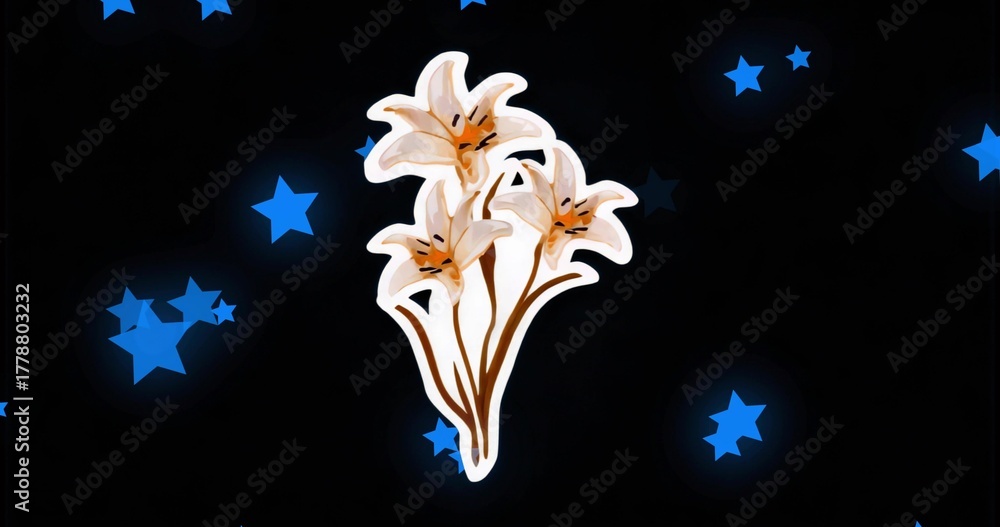 Fototapeta premium Displaying cluster of three white lilies with golden stems in black field, with glowing blue stars