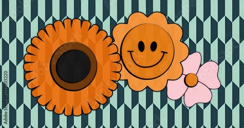 Showing three flowers on geometric pattern, with orange daisy, smiley flower, pink blossom