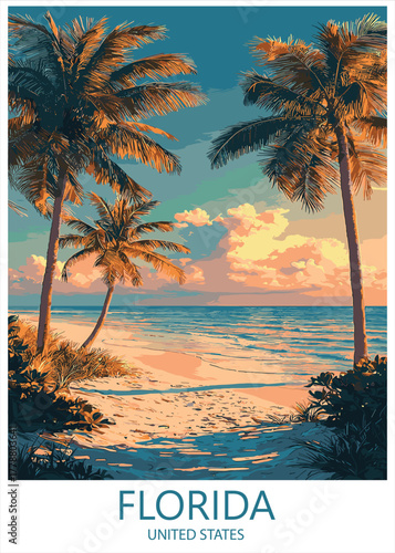 Florida United States travel poster vector illustration of a tropical beach sunset scene framed by tall palm trees and warm sky colors.