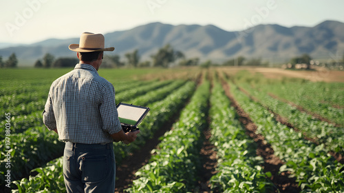 A modern farmer uses a digital tablet to inspect rows of green crops in a vast field, embodying smart agriculture.