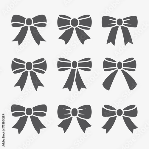 Ribbon bow silhouette vector icons set, Decorative, Elegant black ribbon bow, Vector silhouette, Minimal,  Holiday decoration, Gift wrapping designs, Stylish, Graphic Design, Classic, Designers, tie, 