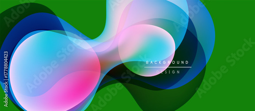 Abstract colorful shapes overlap, creating dynamic visual effect. Green background enhances vibrant hues, modern design element.
