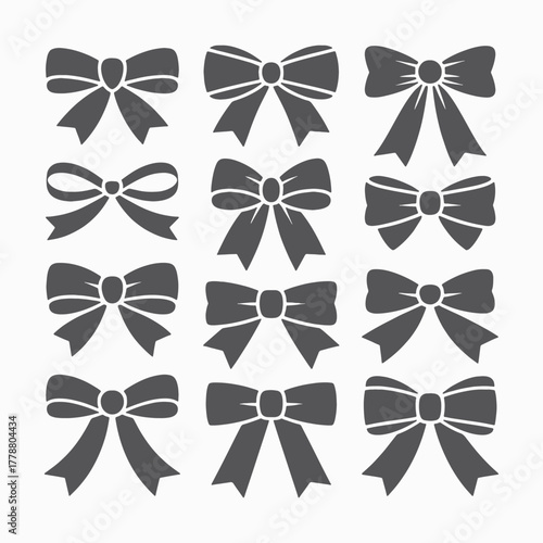 Ribbon bow silhouette vector icons set, Decorative, Elegant black ribbon bow, Vector silhouette, Minimal,  Holiday decoration, Gift wrapping designs, Stylish, Graphic Design, Classic, Designers, tie, 