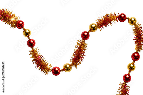 Shiny metallic Christmas garland with red and gold beads, twinkling accents, isolated on white.