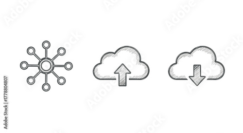 Sketch style cloud technology icons network, upload, download in minimalist design