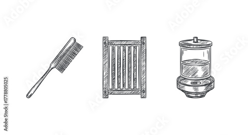 Hand drawn household objects comb, gate, coffee grinder in vintage style