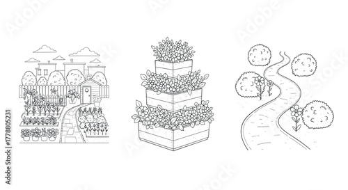 Black and white garden scenes with vertical garden and pathway designs