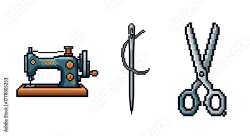 Retro style sewing machine, needle, and scissors in pixel art design