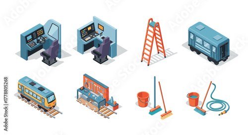 Isometric transportation and maintenance icons featuring train controls, tools, and equipment