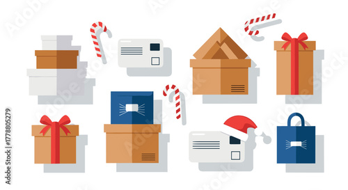 Festive holiday packages with candy canes and ribbons in flat design