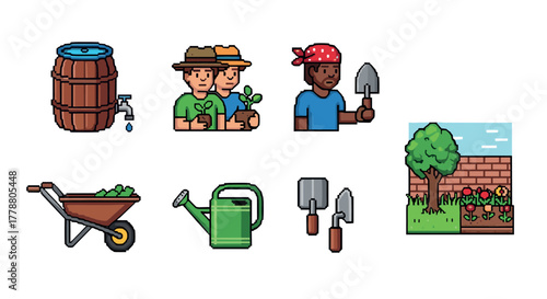Pixel art gardening icons diverse gardeners, tools, and nature elements