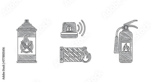 Sketch style fire safety icons extinguisher, spray, alarm
