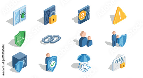 Isometric cybersecurity icons featuring ssl, bitcoin, and encryption