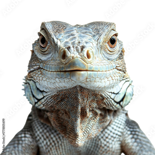 Macro portrait of an iguana with natural coloring, photographed from the front on a white transparent background. Detailed shields and scale texture emphasize the reptile's beauty and individuality