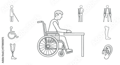 Disability aids and accessibility icons in linear style