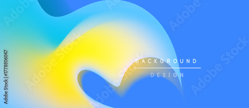 Abstract fluid shapes blend vibrant blues, yellows. Gradient creates smooth transitions, modern design element. Background features text background, design.