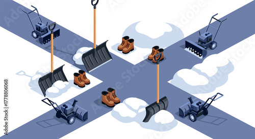 Isometric winter tools and equipment snow shovels, boots, blowers on crossed roads