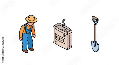 Isometric farming set farmer, seed bag, and shovel illustration