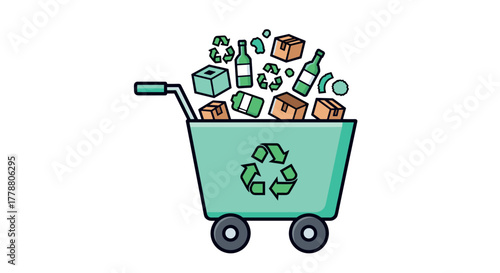 Recycling concept shopping cart with waste and recyclable items in linear style