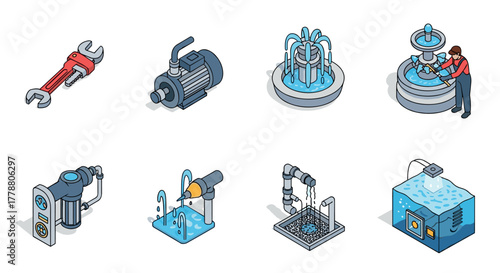 Isometric water pump systems icons of maintenance, repair, and water flow