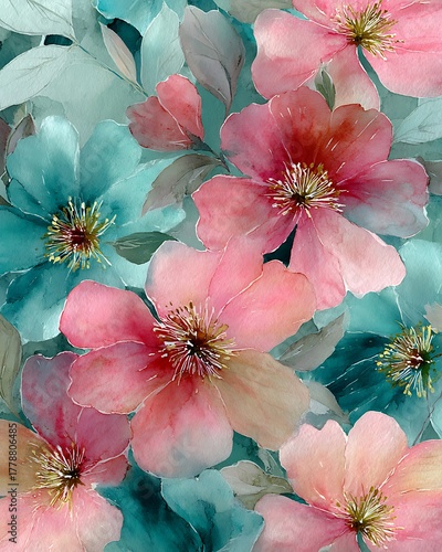 Wallpaper Mural Watercolor painting of pink and blue flowers with green leaves Torontodigital.ca