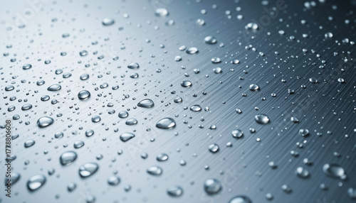 Close up of water droplets on a metallic surface with a cool blue tone