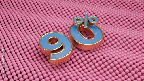 Abstract 3D animation of a blue 90 percent symbol floating above a pink surface made of moving spheres forming smooth waves. Concept for statistics, analytics, progress, data visualization, finance, a