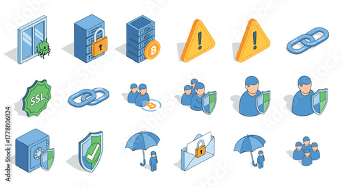 Isometric cybersecurity and technology icons featuring security, data, and communication elements