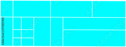 Modern blue collage grid layout with clean geometric rectangles and white divider lines, ideal for photo mosaics, design mockups, social media or portfolio templates.
