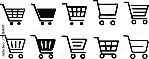Shopping cart icons vector illustration set featuring multiple design variations, e‑commerce, retail, online shopping, store, purchase, consumer, business