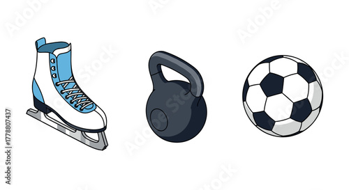 Sports gear collection ice skates, kettlebell, and soccer ball in modern design