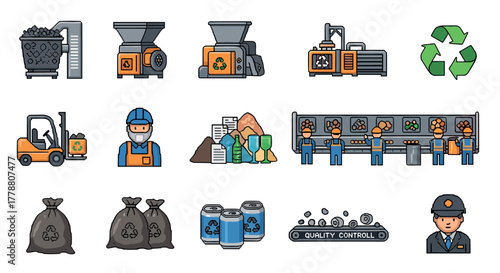 Waste management and recycling icons set with workers and machinery in modern style