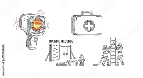 Firefighter training equipment and activities in sketched style