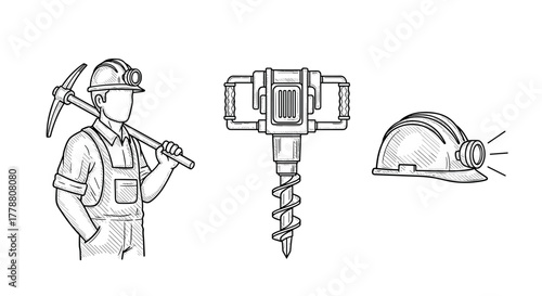 Mining equipment set featuring miner, drill, and helmet in sketch style