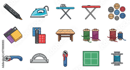 Sewing and ironing icons set tools and accessories in colored cartoon style