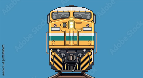 Pixel art train front view vintage yellow locomotive on blue background