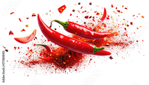 Vibrant red chili peppers amidst a fiery spice cloud