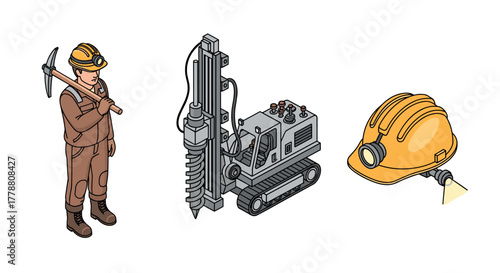 Isometric mining scene with worker, drill machine, and helmet