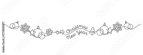 christmas new year banner celebration frame border decorative. winter season greeting xmas baubles, christmas tree and snowflake stars thin line illustration minimalism handdrawn seamless pattern